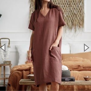 worn 1x Magic Linen Meredith dress - khaki brown